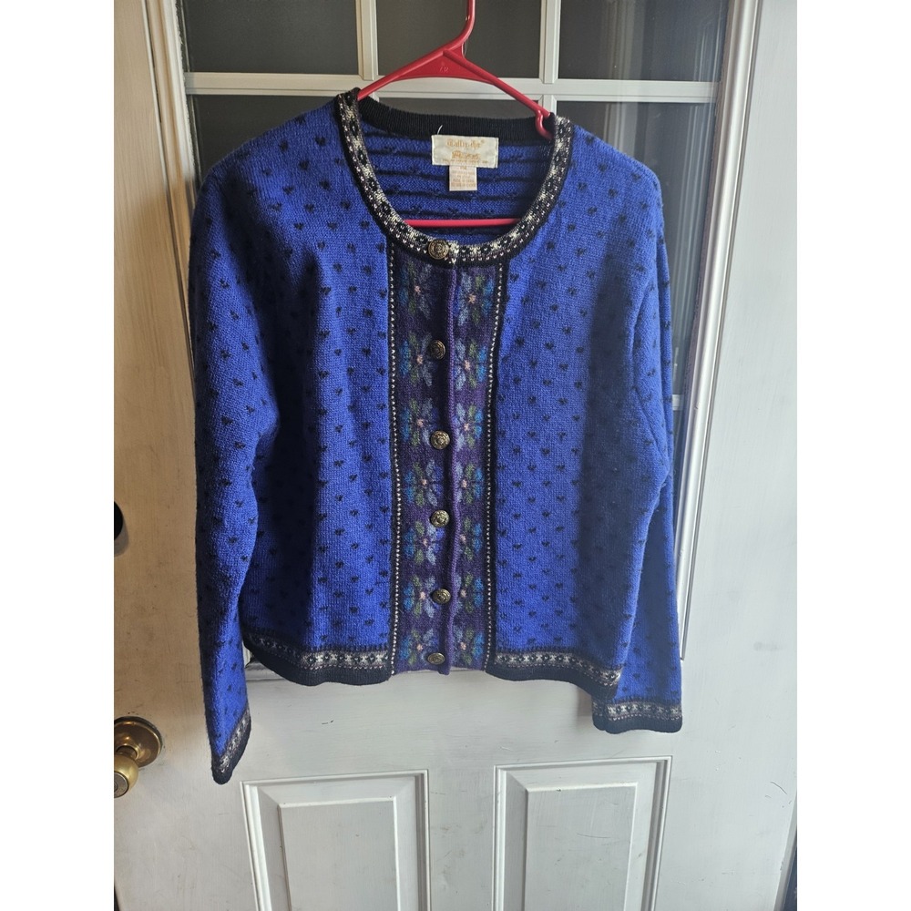 Tally-Ho Vintage Boiled Wool Cardigan Blazer Blue Floral Metal Buttons PM